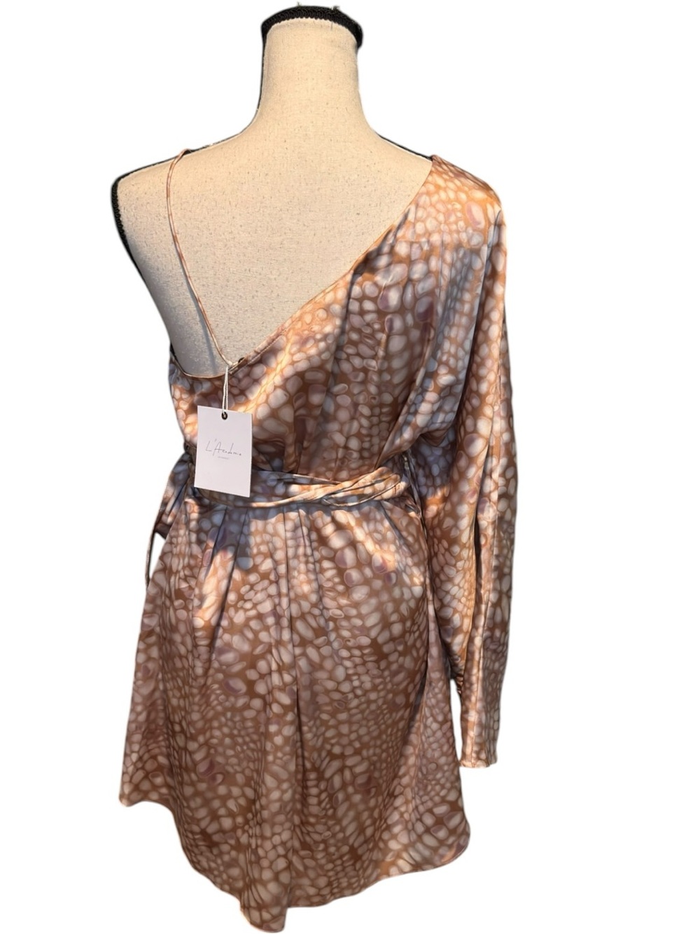 L’Academie Alice Mini Dress Multi Scale Satin One Shoulder Wrap Small NWT - Picture 5 of 8